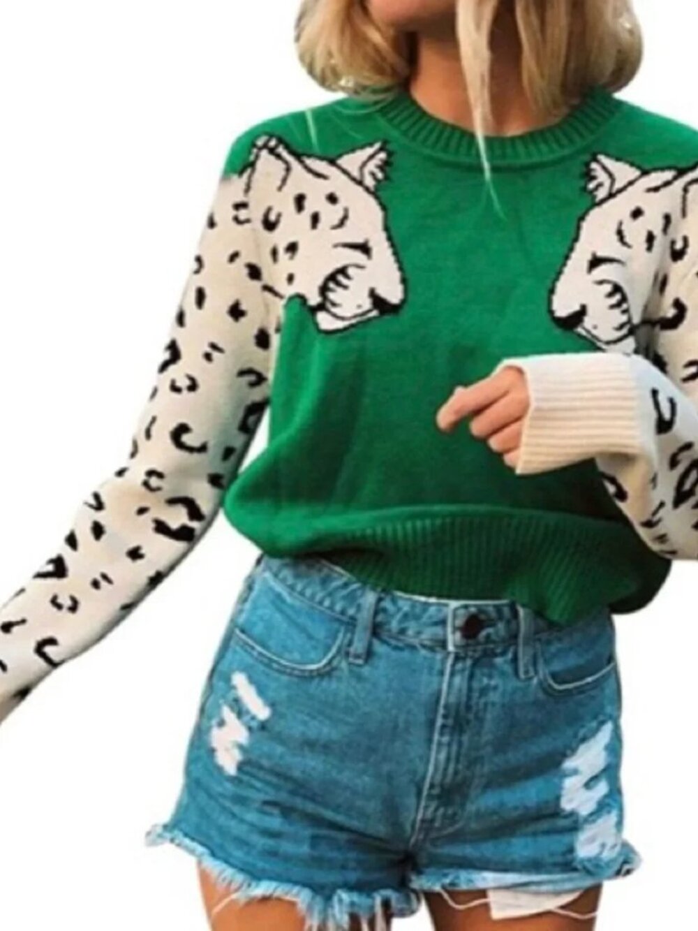 Angashion Knit Green Pullover Leopard Sweater Medium